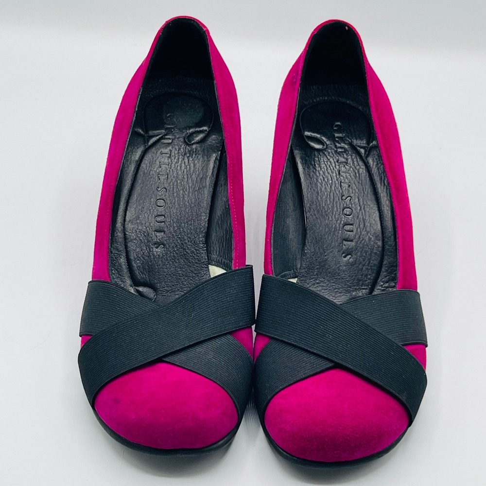 Gentle Souls Kenneth Cole Pink Suede Criss Cross Elastic Block Heel Pumps 38